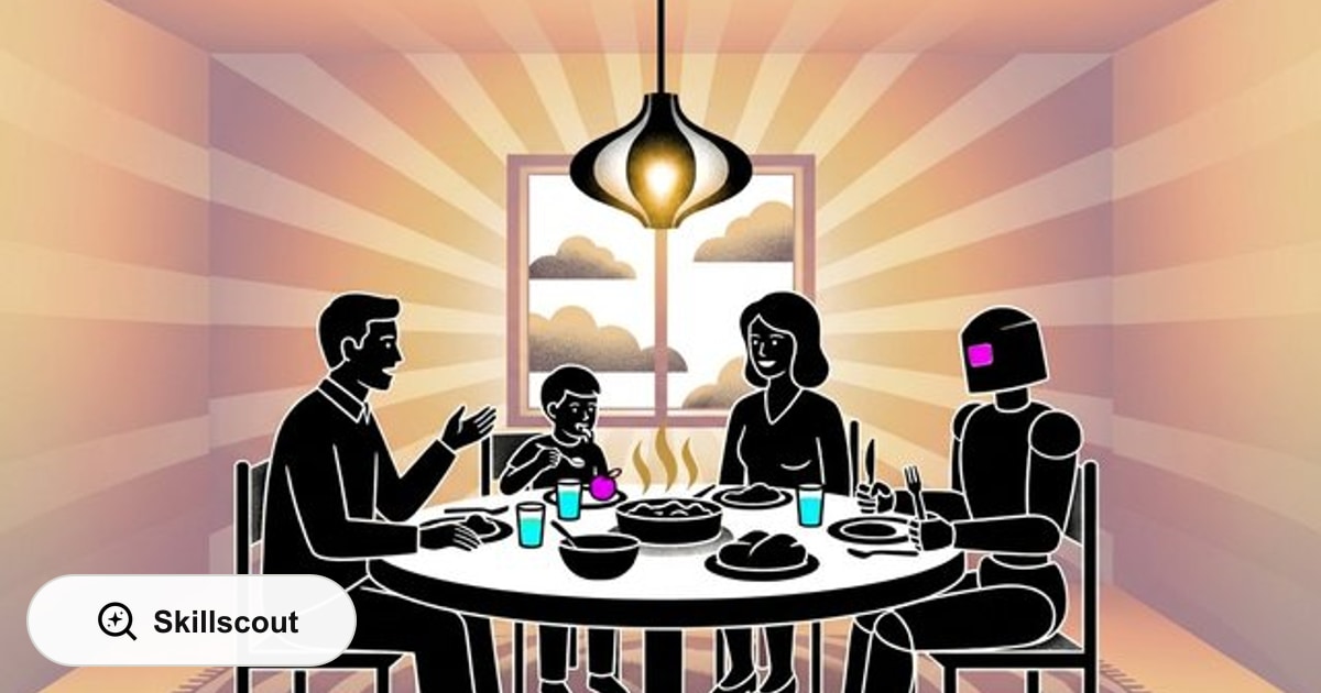 Illustration of people and an AI robot sharing a meal in a warm room.