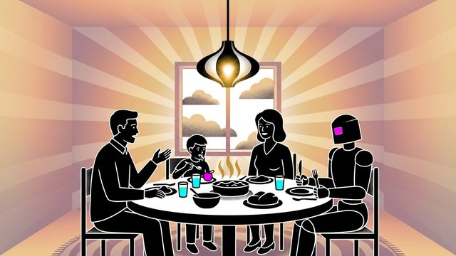 Illustration of people and an AI robot sharing a meal in a warm room.