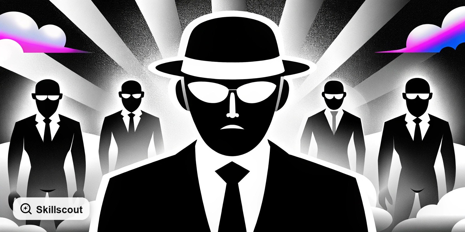 Black-and-white illustration of AI agents in suits with radiating light beams.
