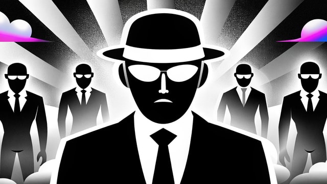 Black-and-white illustration of AI agents in suits with radiating light beams.