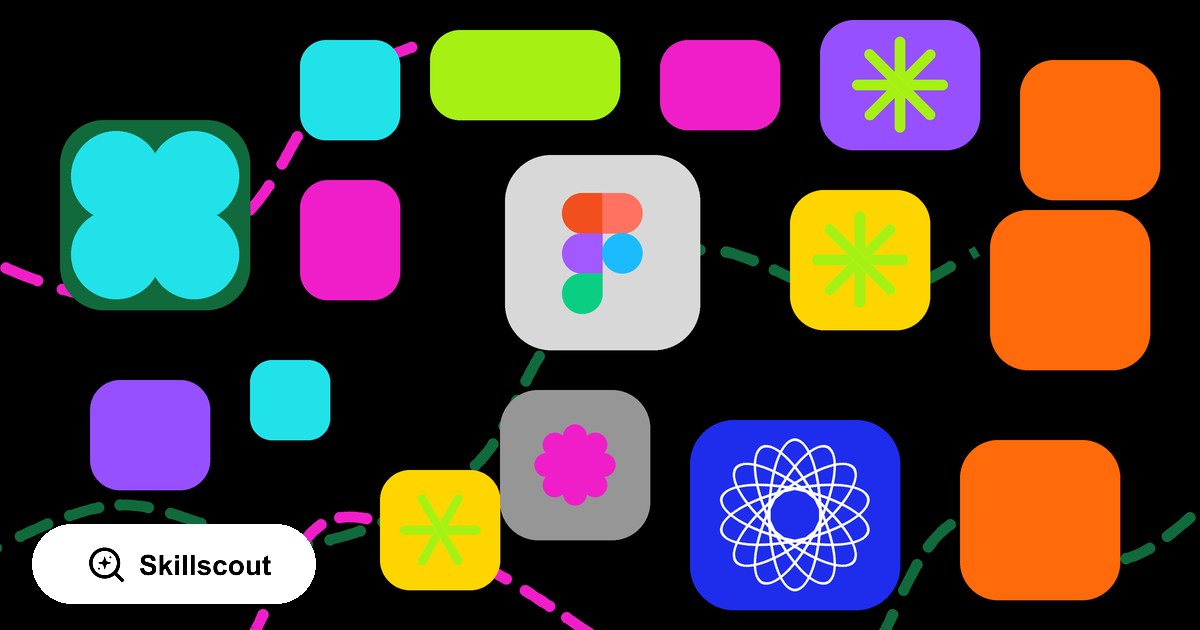Flat abstract composition of bright rounded tiles with the Figma logo at the centre, linked by dashed magenta and green paths on black.