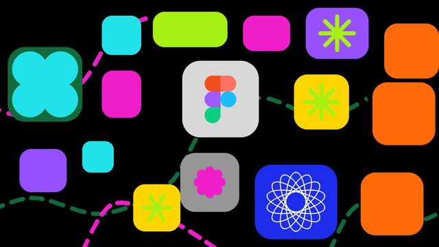 Flat abstract composition of bright rounded tiles with the Figma logo at the centre, linked by dashed magenta and green paths on black.