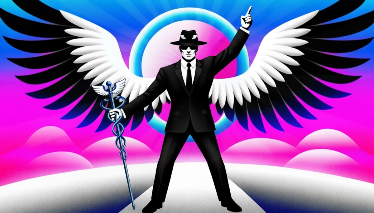 Illustration of a winged AI agent standing in front of a bright blue and pink background.
