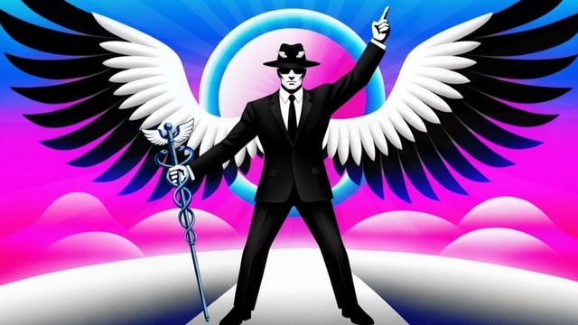 Illustration of a winged AI agent standing in front of a bright blue and pink background.
