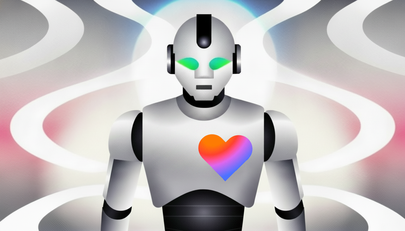 Illustration of a robot with a colorful heart on its chest.