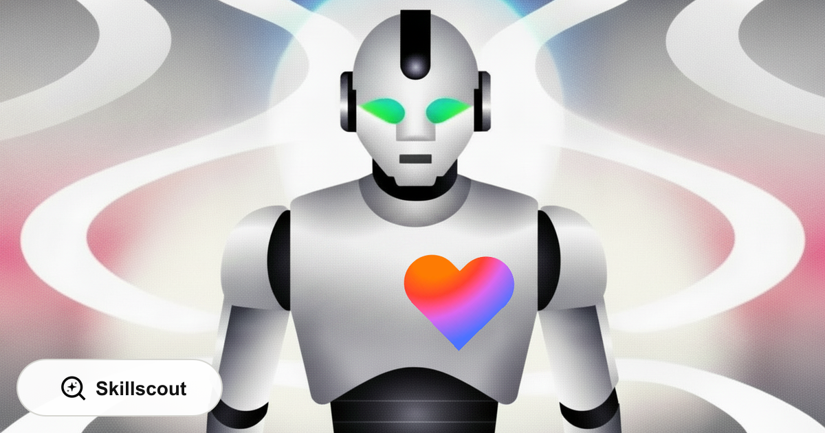 Illustration of a robot with a colorful heart on its chest.
