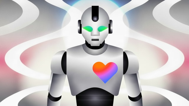 Illustration of a robot with a colorful heart on its chest.