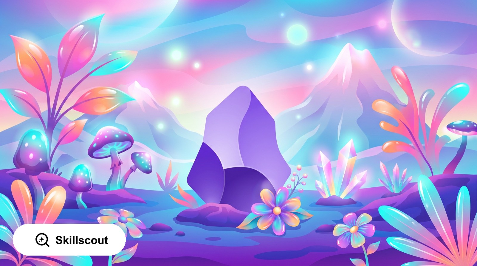 Colorful Obsidian-inspired landscape with crystals, plants, and glowing mountains.