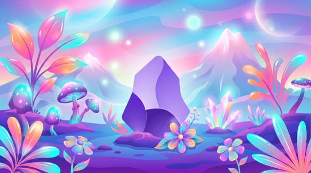 Colorful Obsidian-inspired landscape with crystals, plants, and glowing mountains.