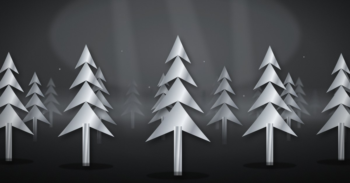 Silver metallic fir trees in the OpenSEO logo style receding into misty dark forest with light rays overhead.