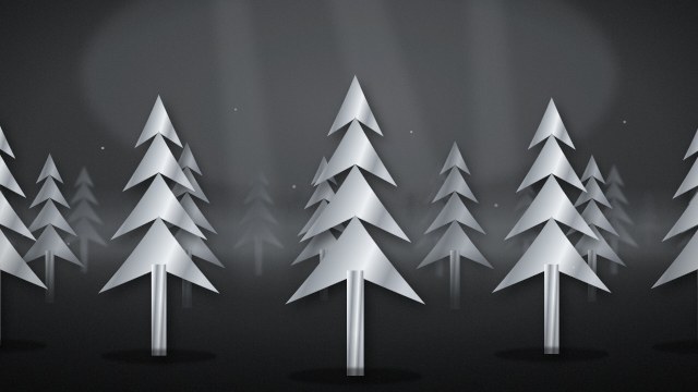 Silver metallic fir trees in the OpenSEO logo style receding into misty dark forest with light rays overhead.