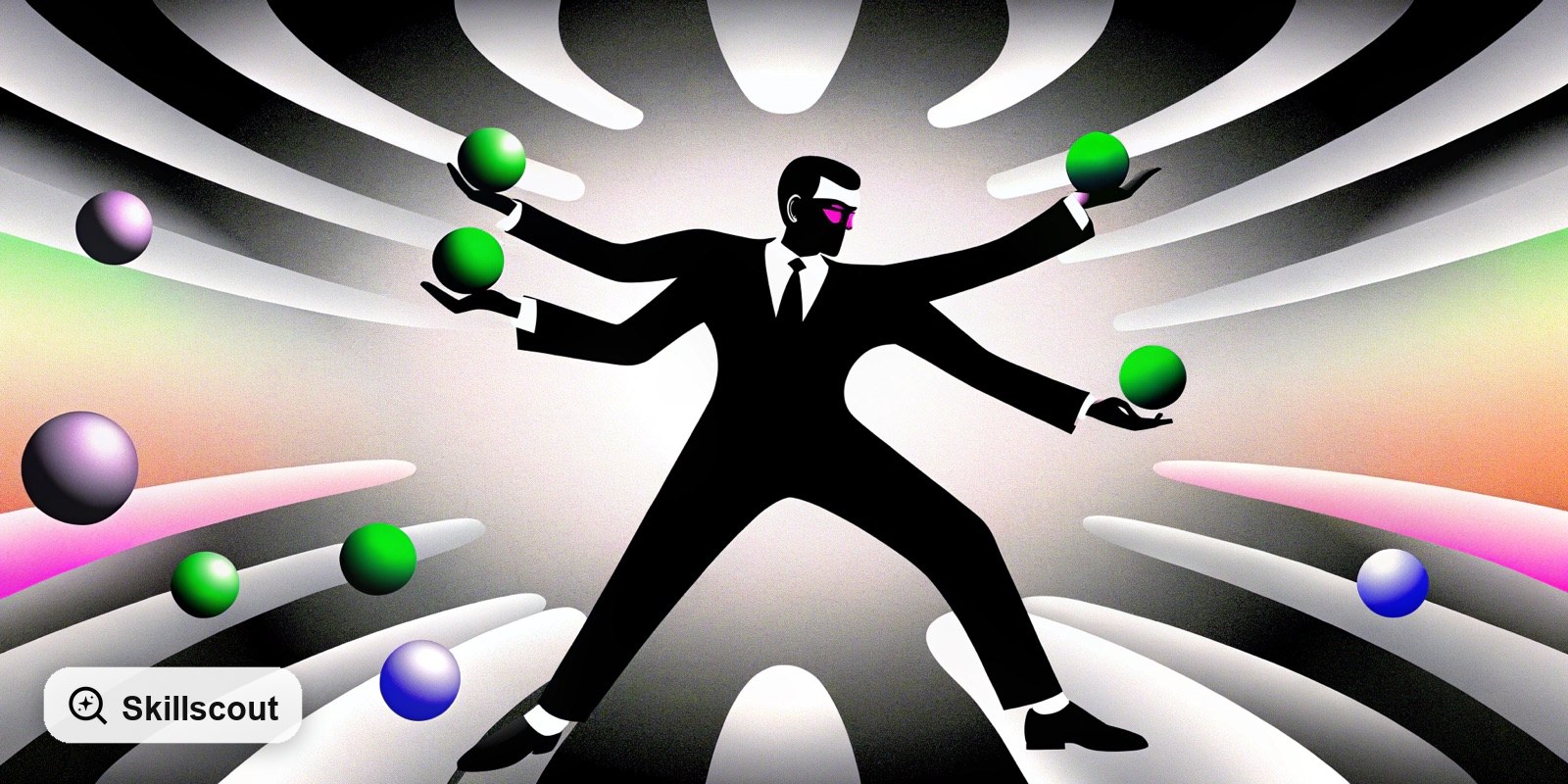 Illustration of a multitasking AI agent managing several reusable skill workflows.