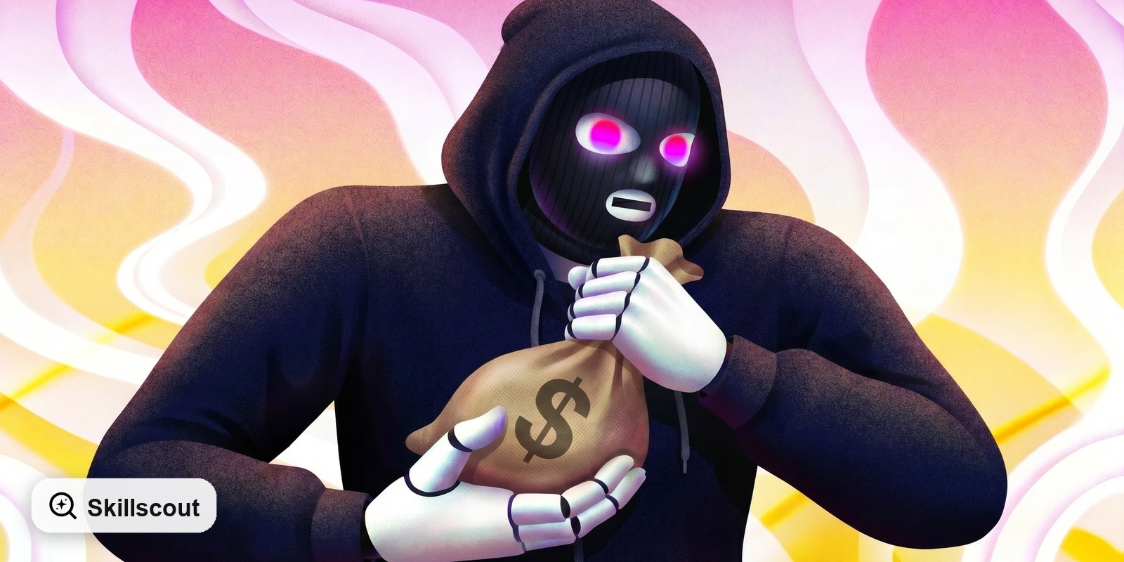 Illustration of a hooded AI agent holding a money bag, representing agent skills security risks.