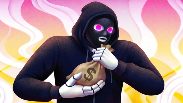 Illustration of a hooded AI agent holding a money bag, representing agent skills security risks.